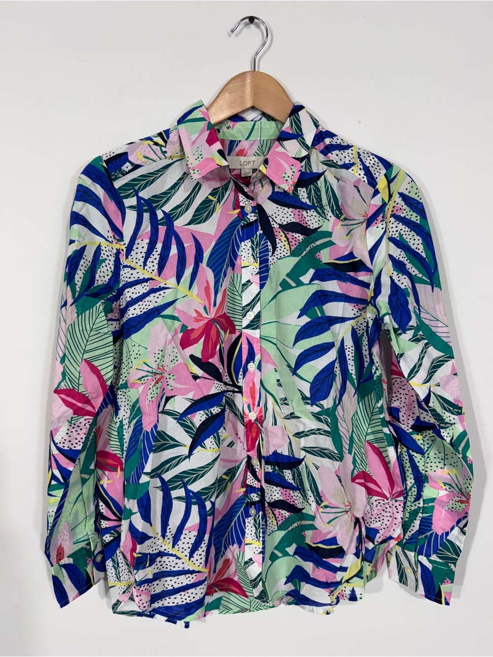 WSH16 {LOFT} Pink Blue Tropical Long Sleeve Button Down Cotton Shirt Blouse Top